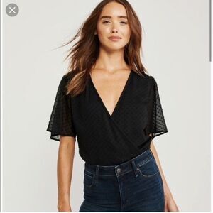 Abercrombie & Fitch Black V Neck Flounce Sleeve Burnout Polka Dot Bodysuit XS